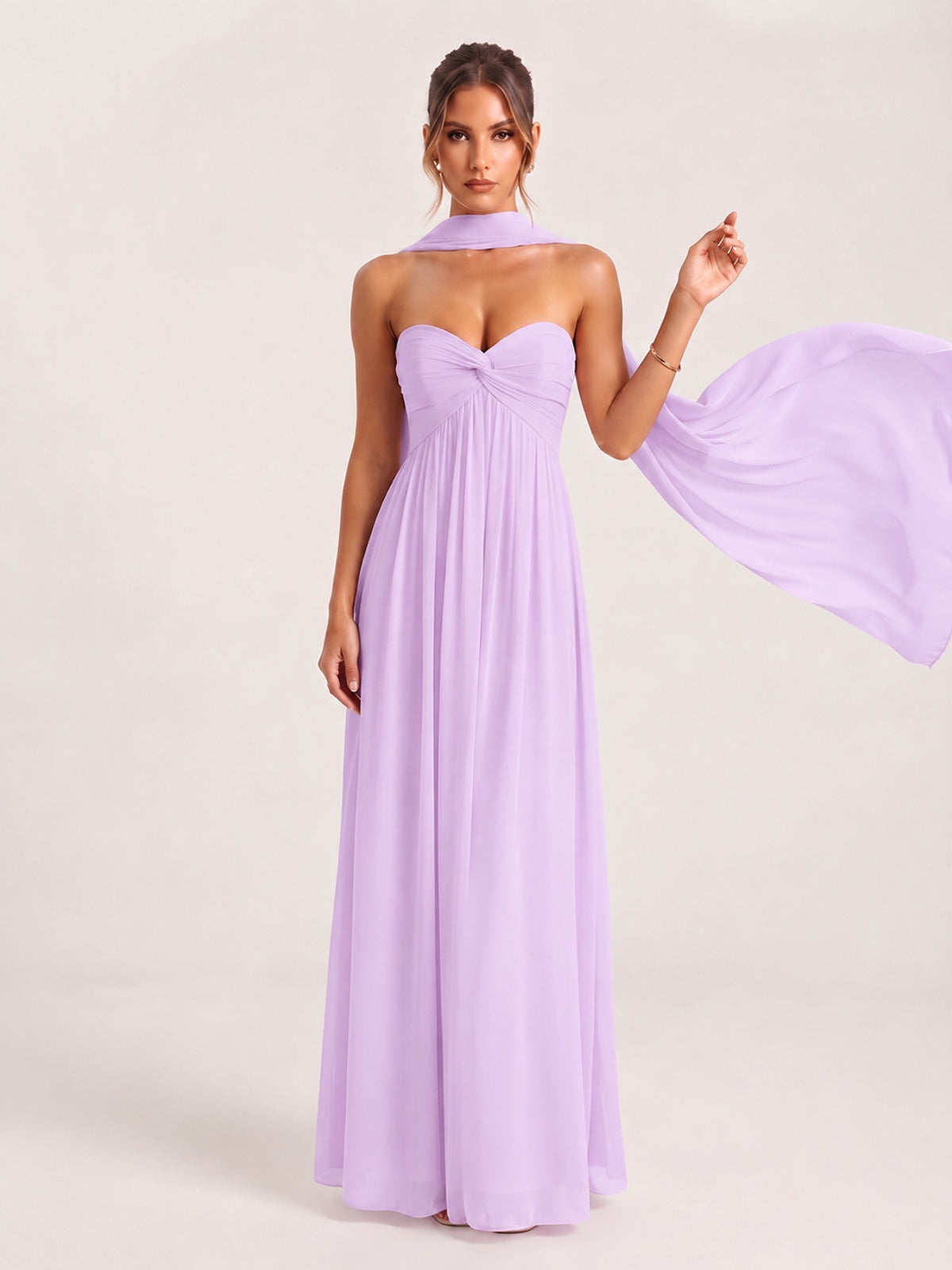 Strapless Ruched Chiffon Long Prom Dress with Scarf