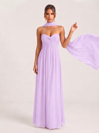 Strapless Ruched Chiffon Long Prom Dress with Scarf
