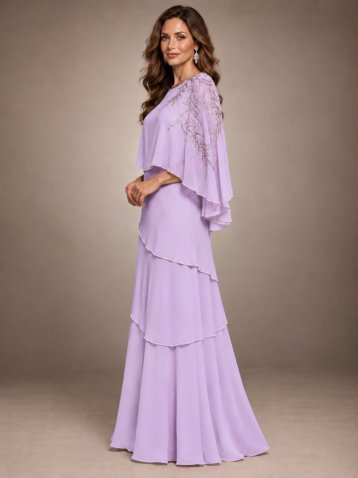 Elegant Chiffon Cape Sleeve Beaded Mother of the Bride Dress