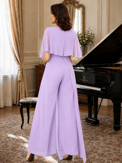 Chiffon Mother of the Bride Jumpsuit with Layered Cape Sleeves