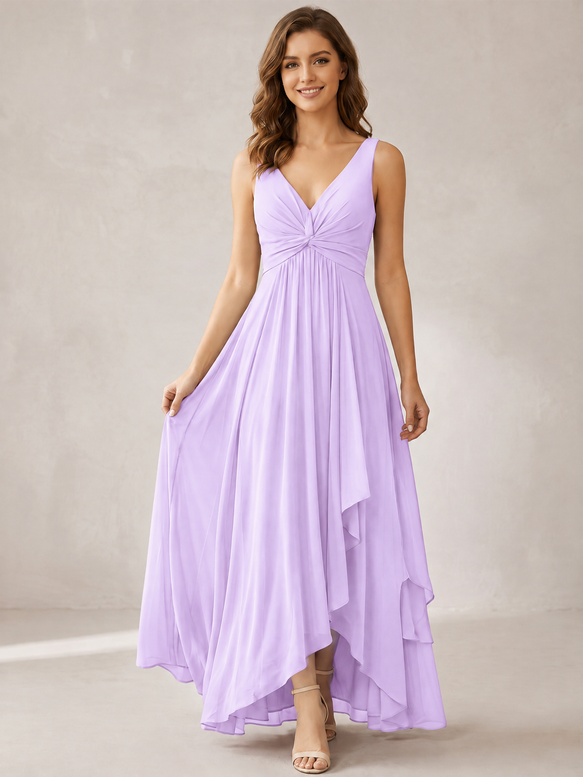 V-Neck High-Low Chiffon Bridesmaid Dress with Ruffles
