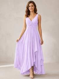 V-Neck High-Low Chiffon Bridesmaid Dress with Ruffles