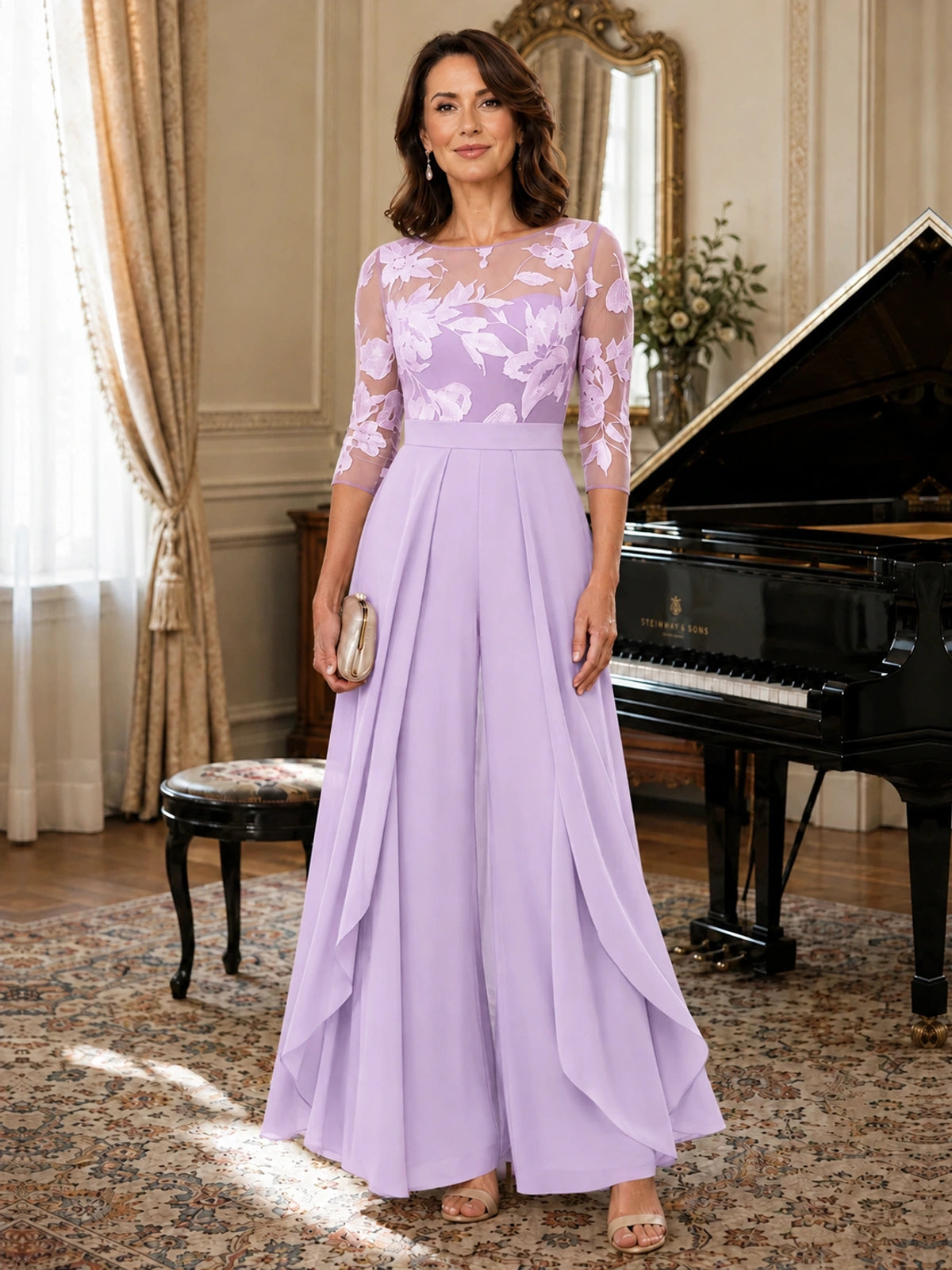 Lace Applique Wide-Leg Chiffon Mother of the Bride Jumpsuit