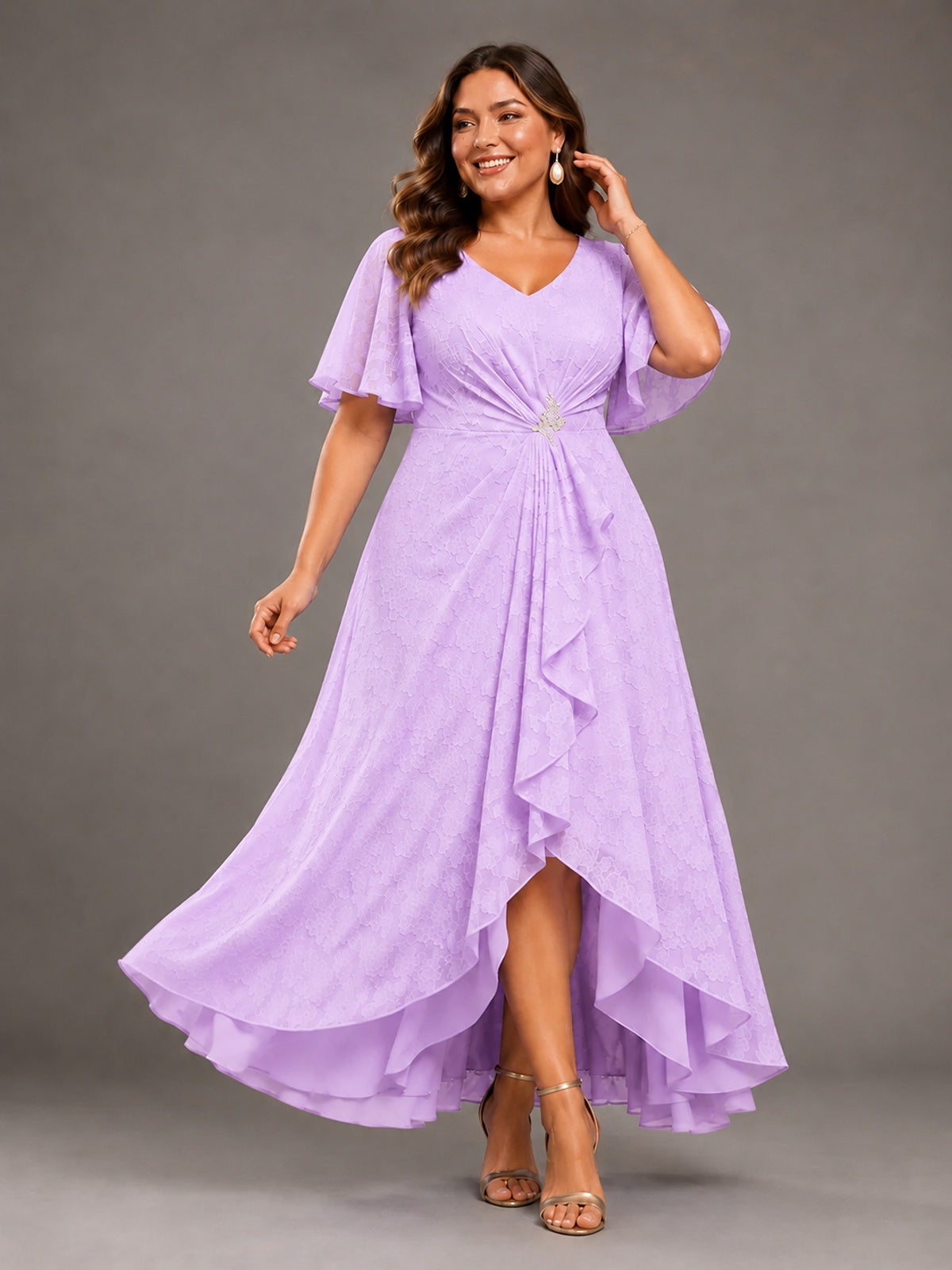 Jacquard Chiffon A-Line V-Neck High-Low Mother of the Bride Dress