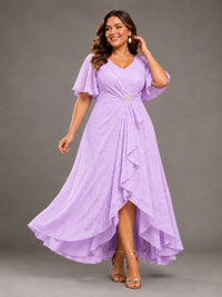 Jacquard Chiffon A-Line V-Neck High-Low Mother of the Bride Dress