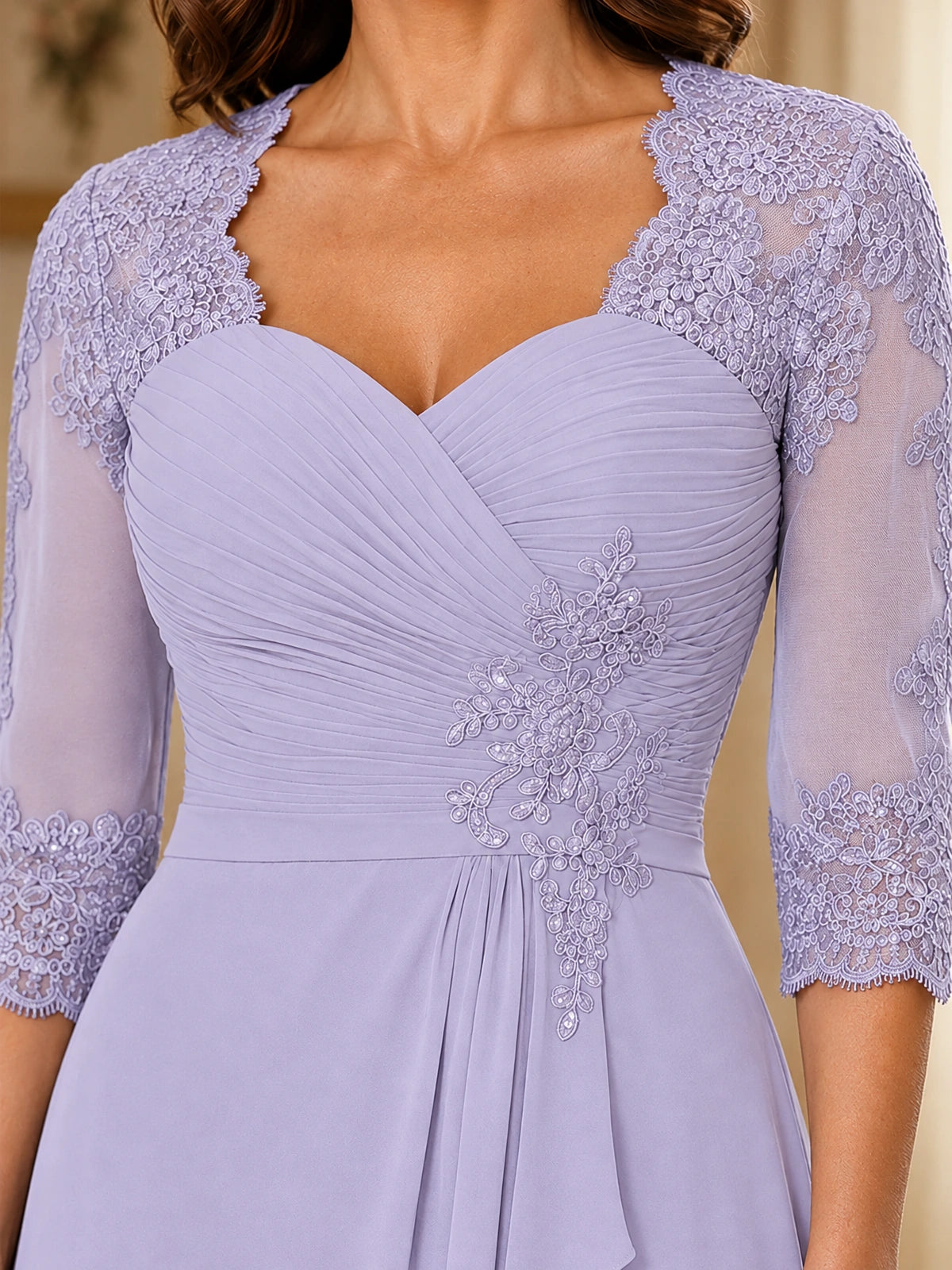 Chiffon Lace Applique Mother of the Bride Dress with 3/4 Sleeves