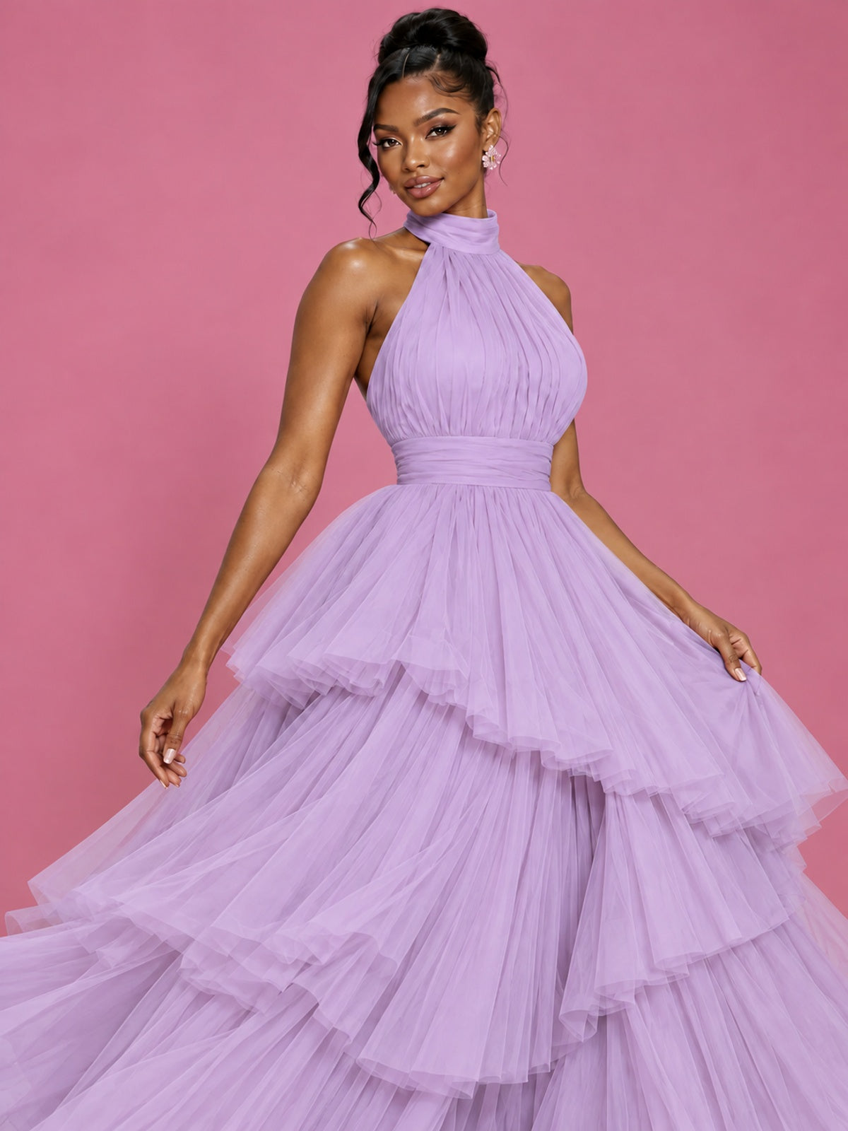 Hot Pink Tulle Halter Neck Tiered Ruffle Maxi Dress