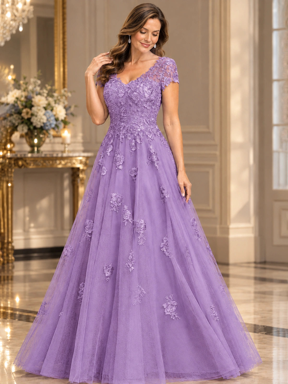 Lace Appliques A-line Mother of The Bride Dresses with Short Sleeves