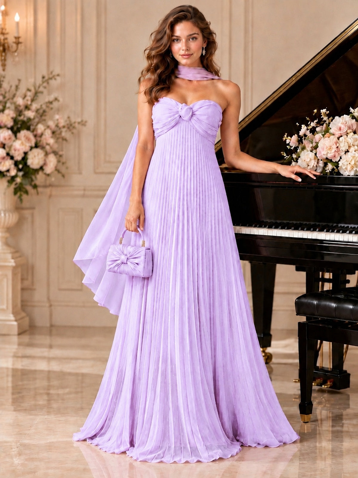 Sweetheart Neckline Pleated Prom Dress Strapless A-line Formal Dress with Flowy Scarf