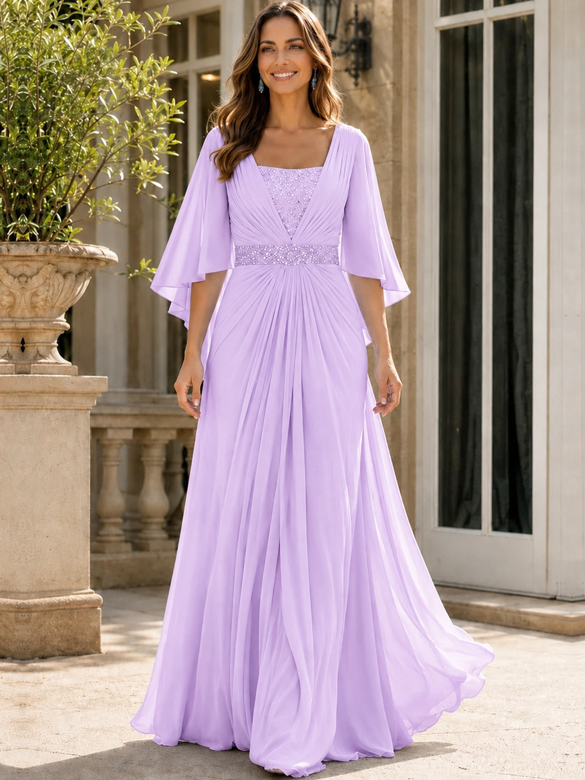 Elegant V-Neck Sequined Chiffon Mother of the Bride Dress with Flutter Sleeves