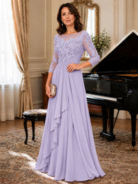 A-Line Chiffon Mother of the Bride Dress with Floral Applique 3/4 Sleeves