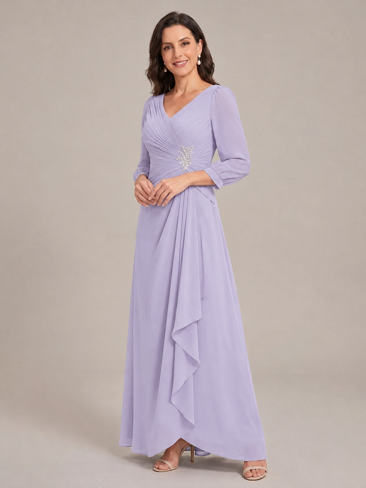 V-Neck Pleated Chiffon Mother of the Bride Dress with Flutter Sleeves