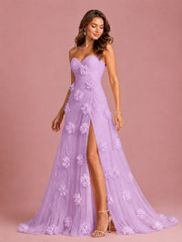 3D Floral Applique Strapless Tulle Prom Dress with High Slit