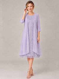 Tea Length Sequin Lace Mother of The Bride Dress with Chiffon Jacket