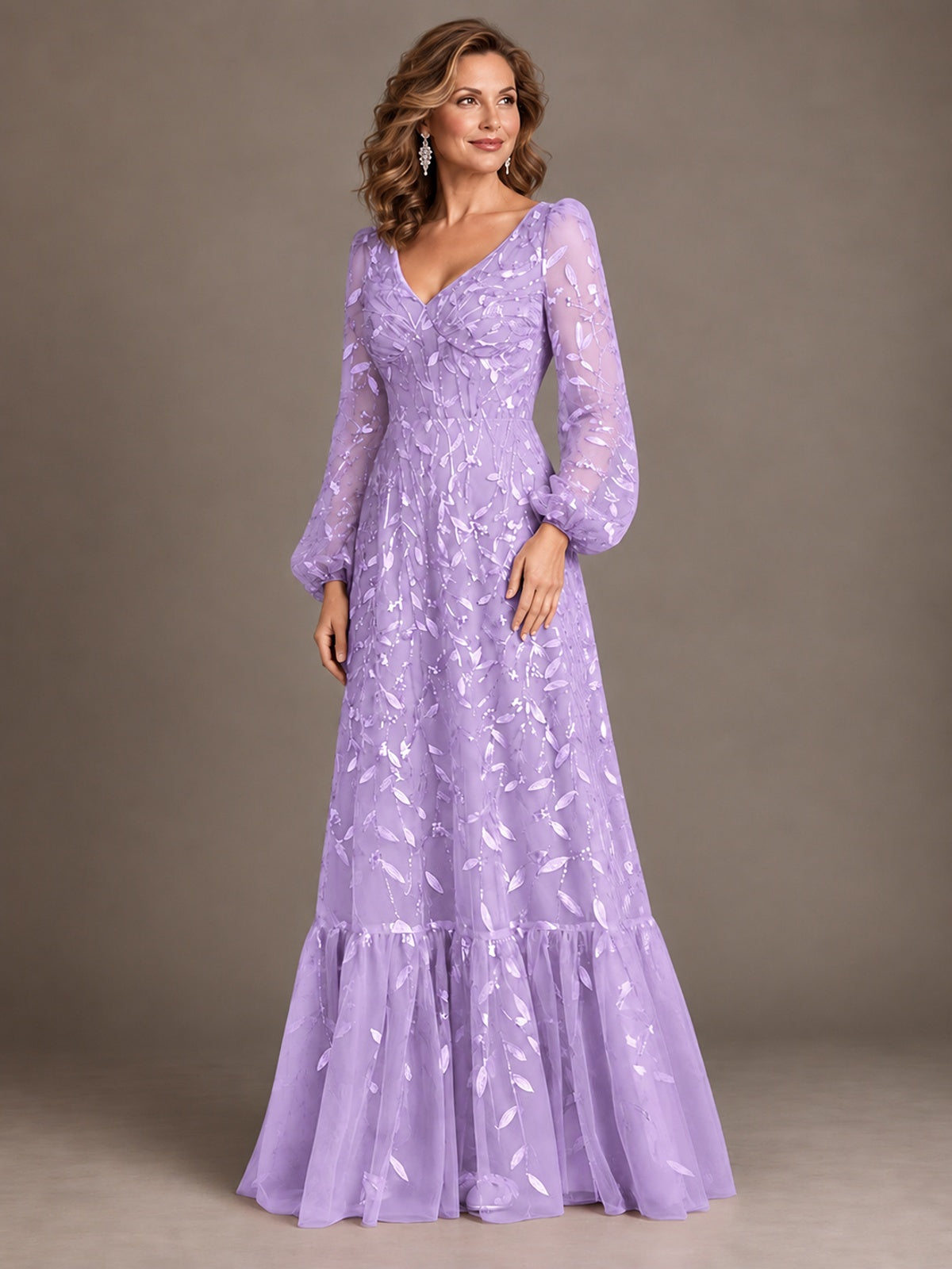 Floral Sequin Embroidered A-Line Mother of the Bride Dress with Long Sleeves