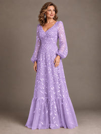 Floral Sequin Embroidered A-Line Mother of the Bride Dress with Long Sleeves