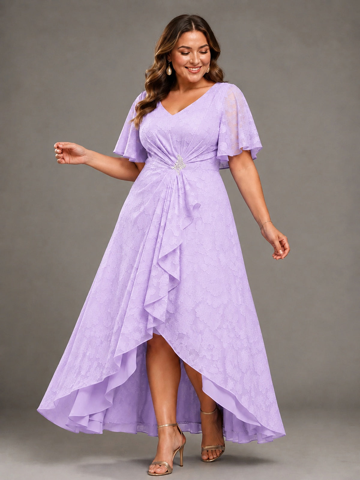 Jacquard Chiffon A-Line V-Neck High-Low Mother of the Bride Dress