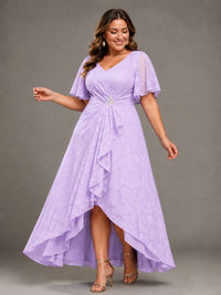 Jacquard Chiffon A-Line V-Neck High-Low Mother of the Bride Dress