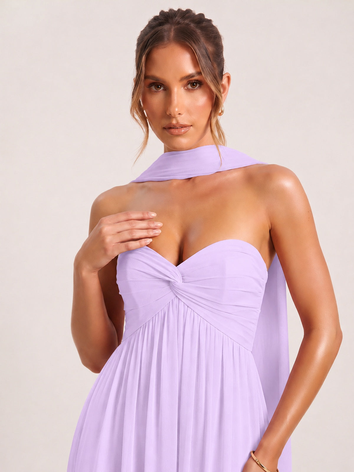 Strapless Ruched Chiffon Long Prom Dress with Scarf