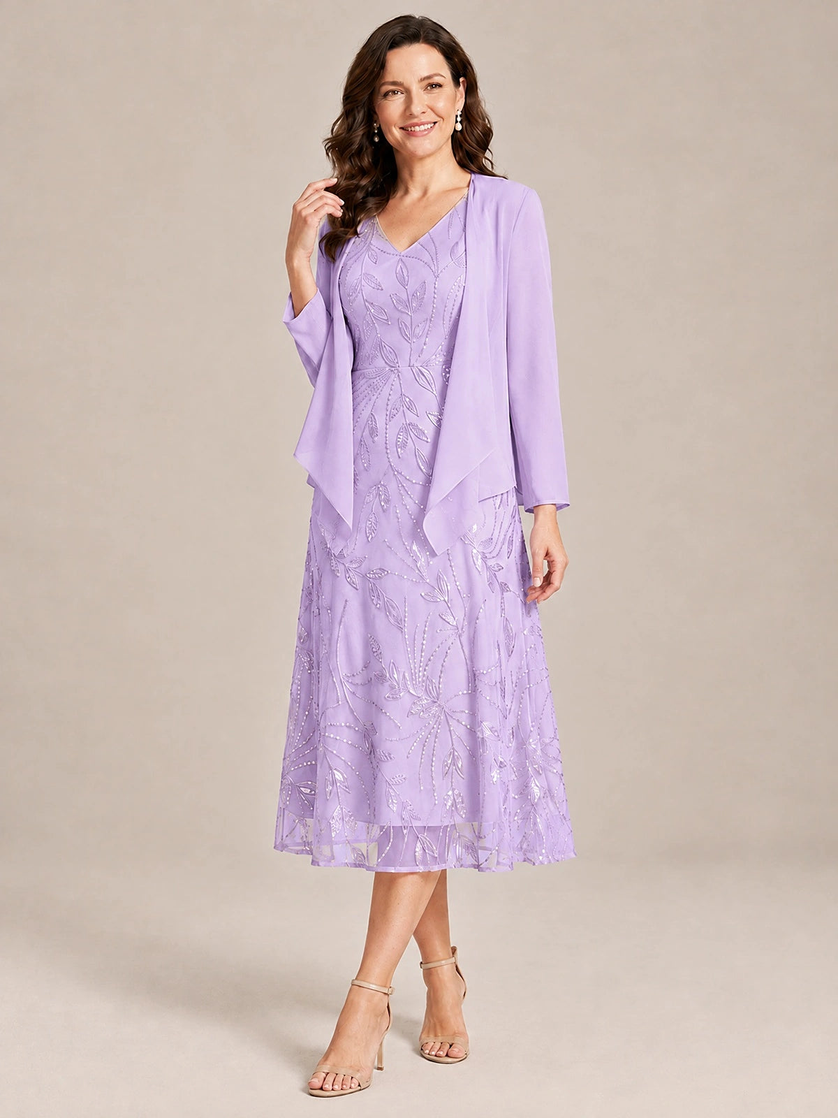 Tea Length Sequin Lace Mother of the Bride Dress with Chiffon Jacket