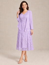 Tea Length Sequin Lace Mother of the Bride Dress with Chiffon Jacket