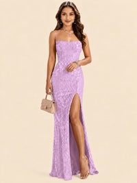 Sequin Lace Appliques Mermaid Prom Dress Spaghetti Strap Formal Gowns with Slit