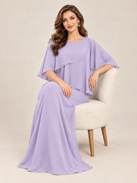 Cape Sleeve Mother of the Bride Dress with Asymmetrical Overlay