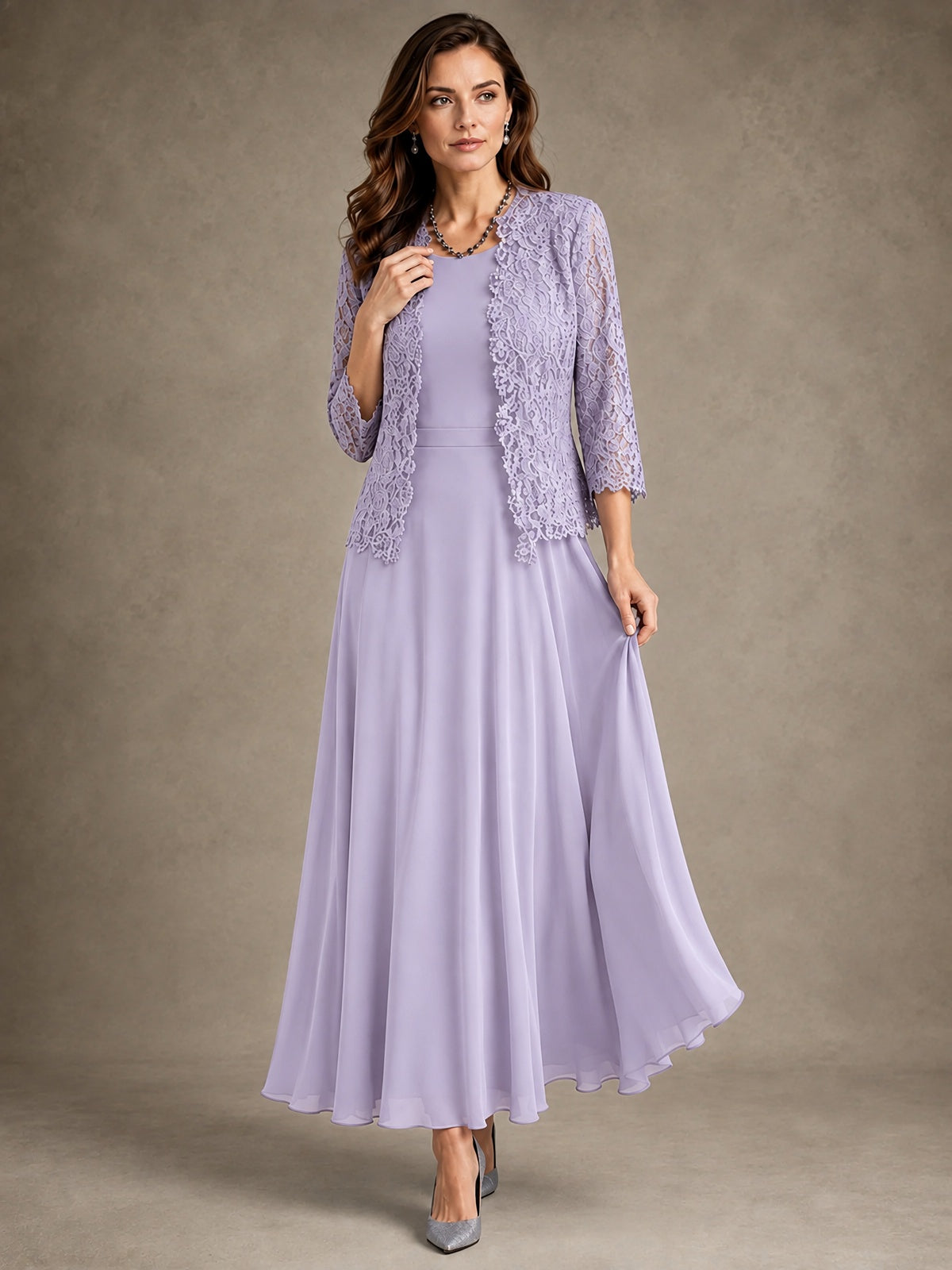 2-Piece Chiffon Mother of the Bride Dress with Lace Jacket