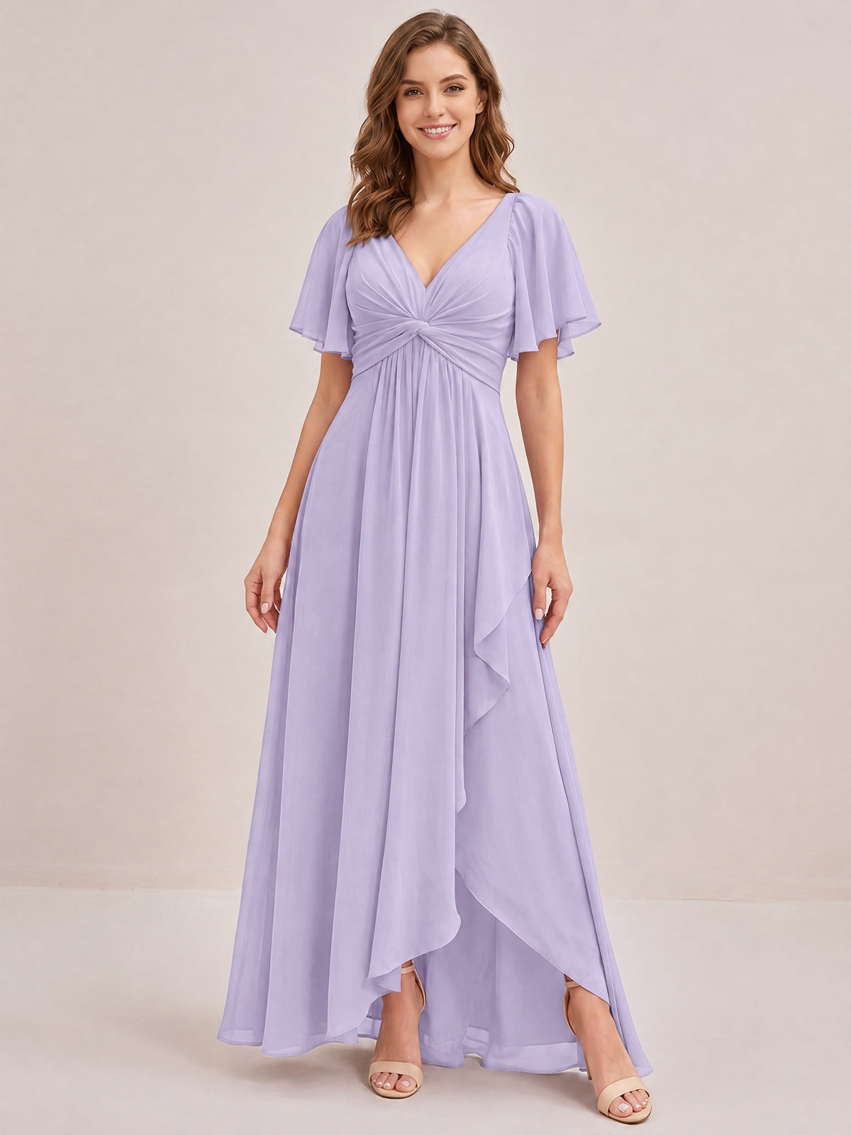 Dusty Blue Chiffon Bridesmaid Dress with Flutter Sleeves & High-Low Hem