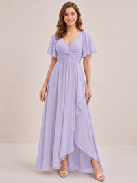 Dusty Blue Chiffon Bridesmaid Dress with Flutter Sleeves & High-Low Hem