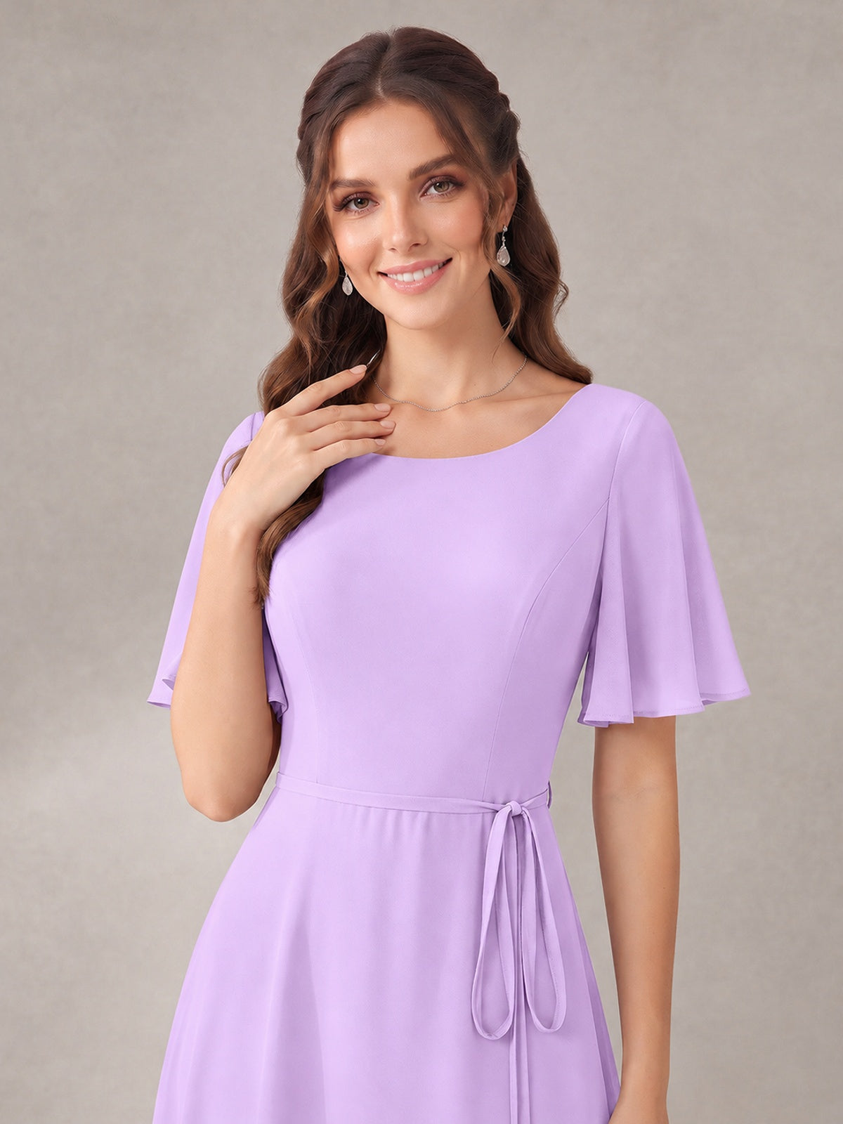 Scoop Neck A-line Chiffon Bridesmaid Dress with Flutter Sleeve & Belt