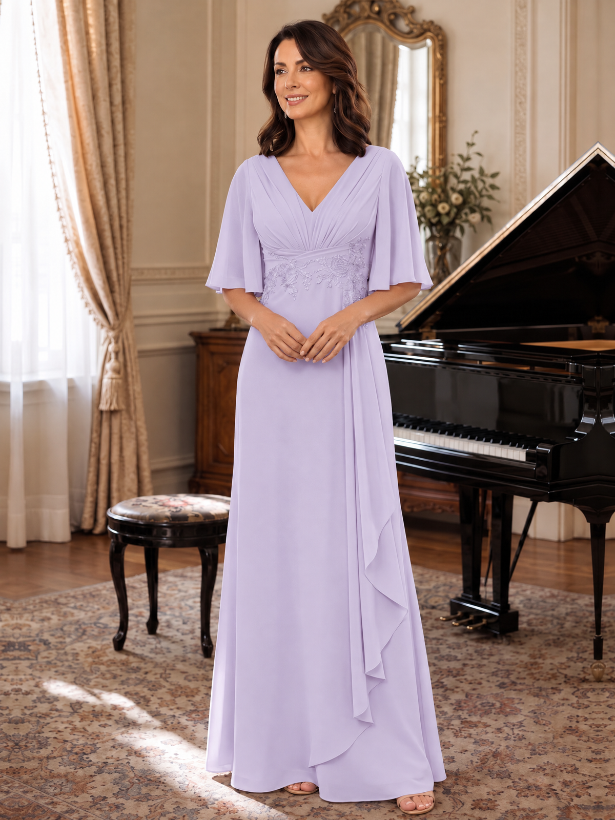 V-Neck Chiffon Lace Mother of the Bride Dresses