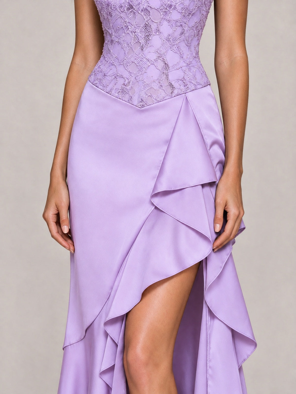 Strapless Lace Appliques Corset Satin Prom Dress Ruffle Slit Evening Gown