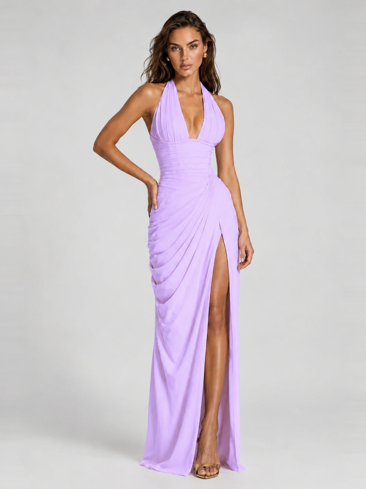 Ruched Halter Neck High-Slit Prom & Evening Dress