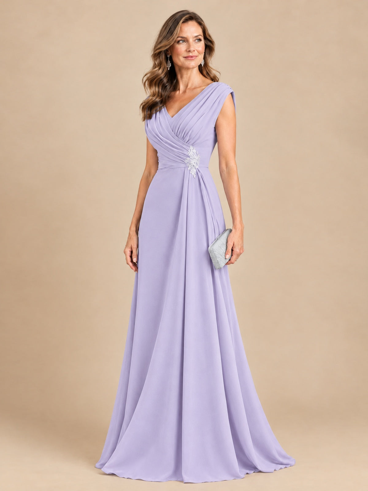 V Neck Pleated Mother of The Bride Dresses with Beading Cap Sleeves