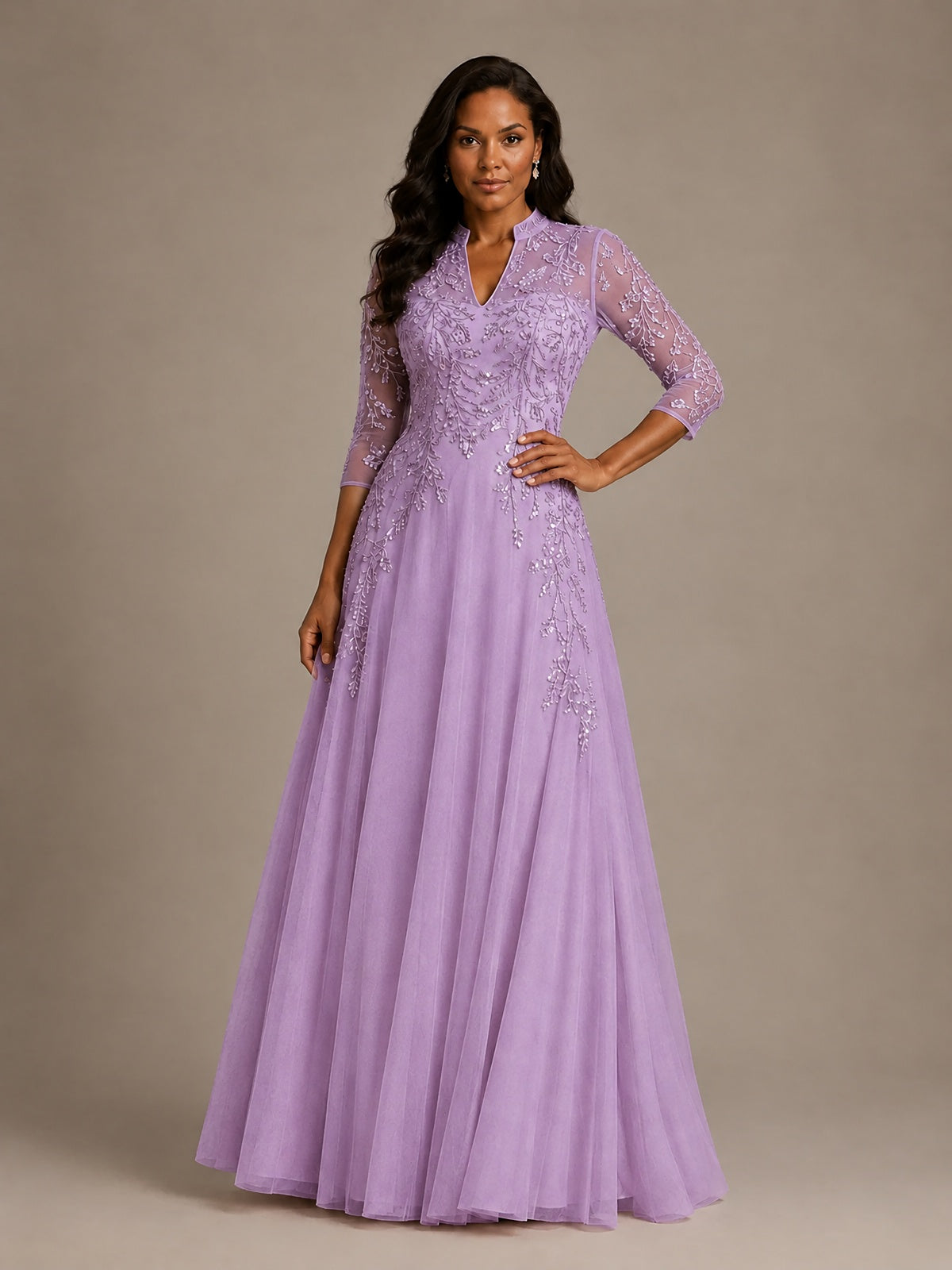 Embellished Appliques Mother of the Bride Dress with 3/4 Sleeves