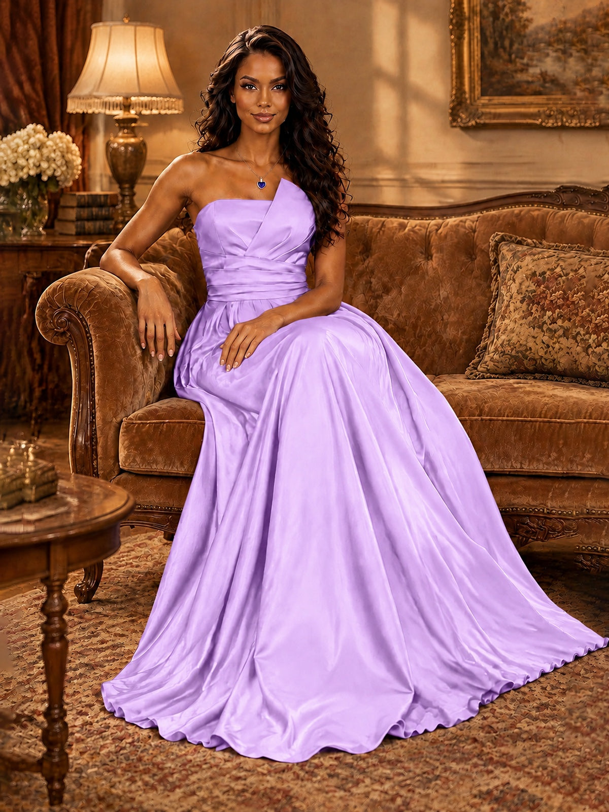 Draped Satin Prom Dress Strapless A-line Formal Dress Floor Length