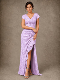 V-Neck Floral Jacquard Mother of the Bride Dress with Slit