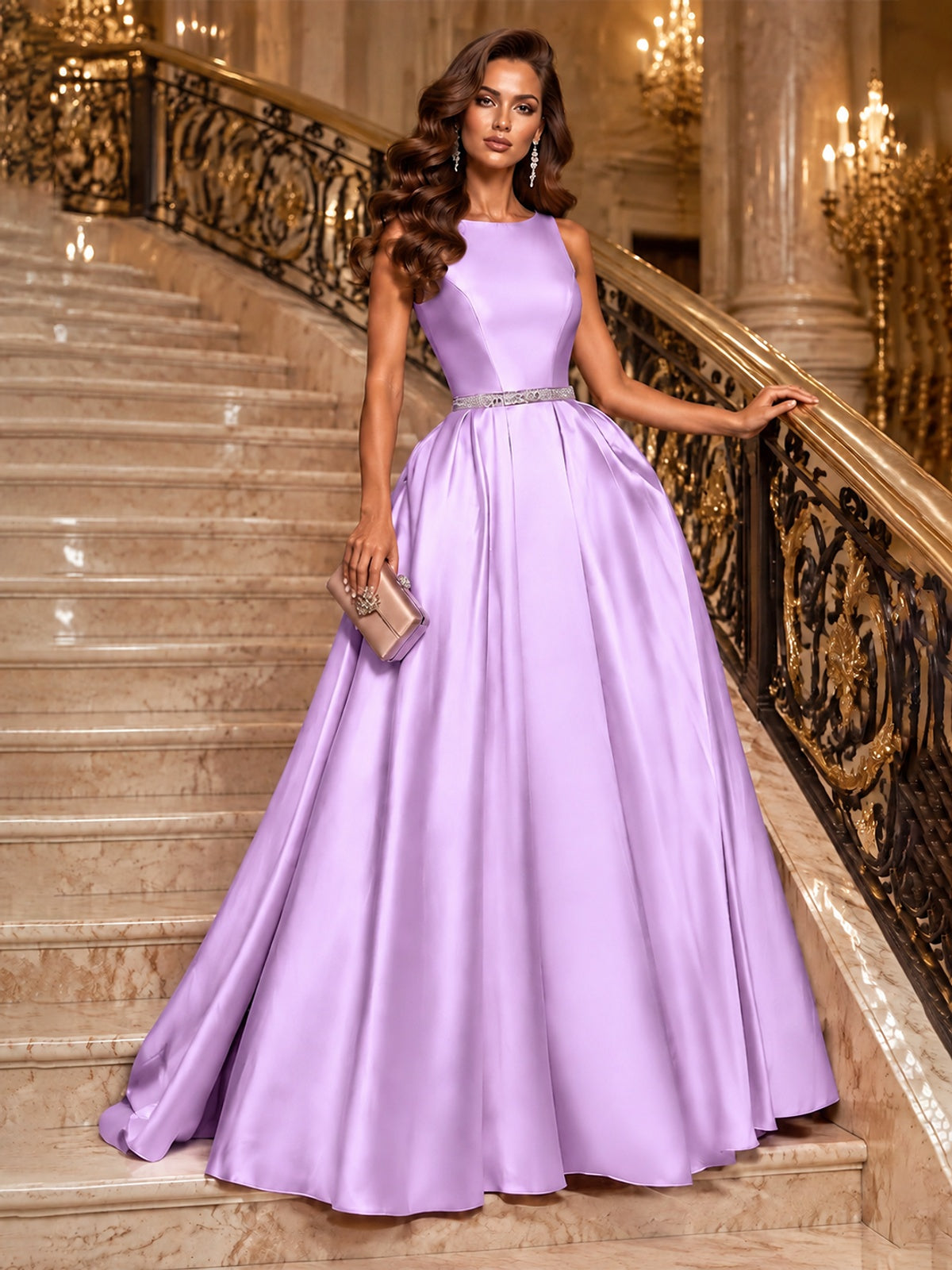 Satin A-Line Prom Dress Sleeveless Beaded Waist Formal Gown with Pockets
