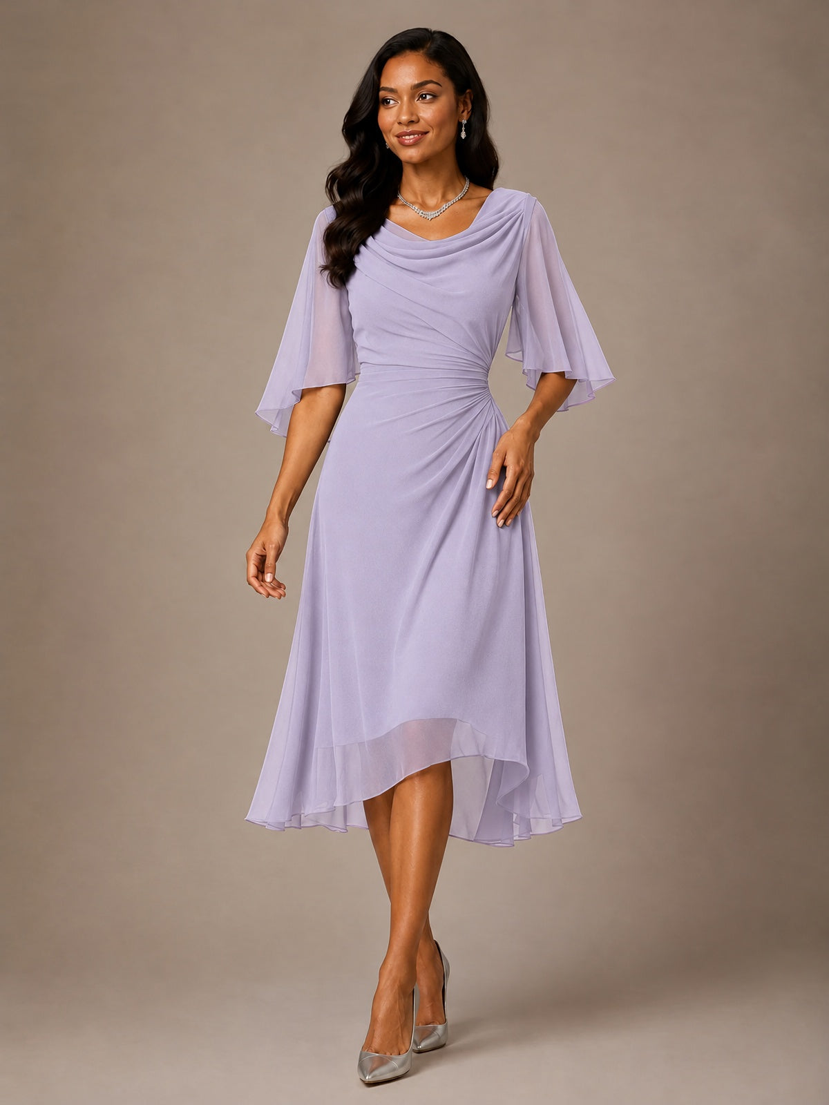 Cowl Neck Ruched Chiffon Mother of the Bride Dresses with Flutter Sleeves