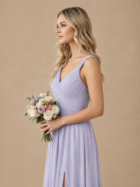 Pleated Chiffon V Neck Wedding Bridesmaid Dresses Floor Length with Slit