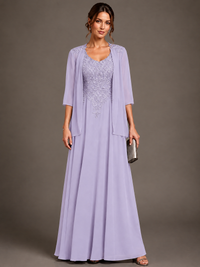 A-line 2 Pieces Chiffon Appliques Mother of The Bride Dresses with Jackets