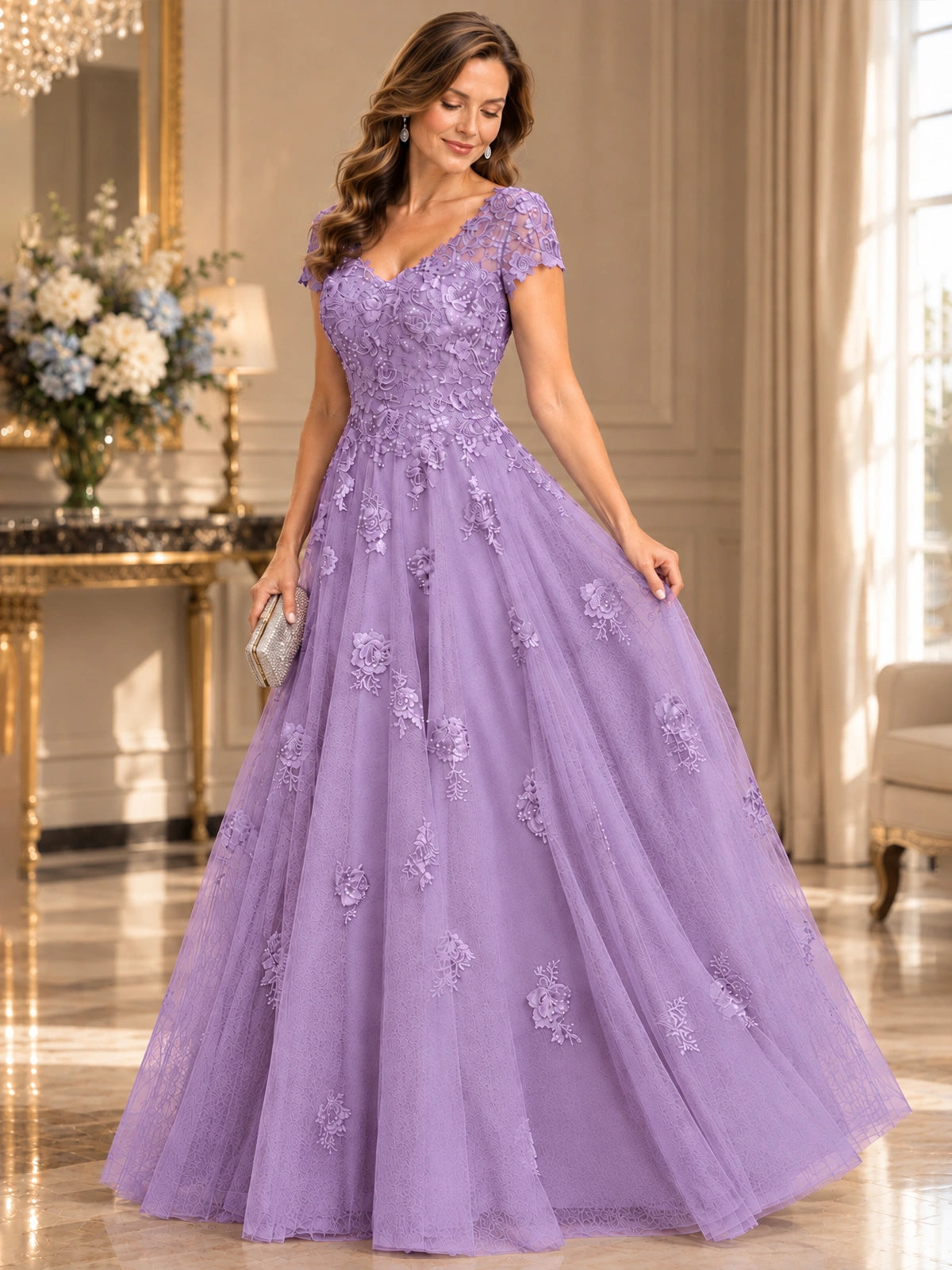 Lace Appliques A-line Mother of The Bride Dresses with Short Sleeves