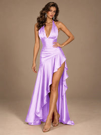 Burgundy Halter Deep V-Neck Ruched High Slit Ruffle Prom Dress