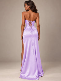 Burgundy Strapless Sparkly Corset Prom Dress with High Slit