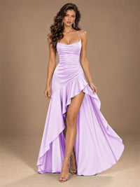 Burgundy Spaghetti Strap Ruched Prom Dress with Ruffled High Slit
