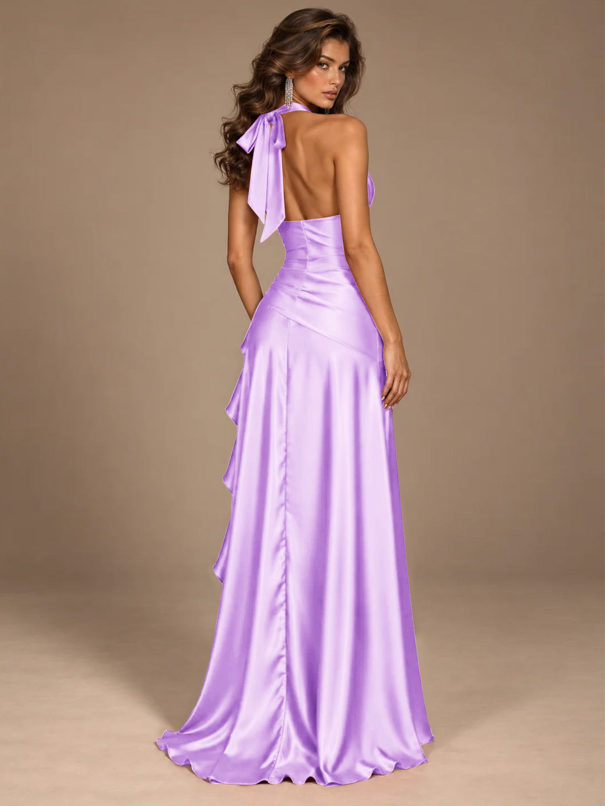 Burgundy Halter Deep V-Neck Ruched High Slit Ruffle Prom Dress