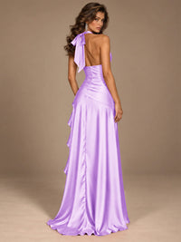 Burgundy Halter Deep V-Neck Ruched High Slit Ruffle Prom Dress