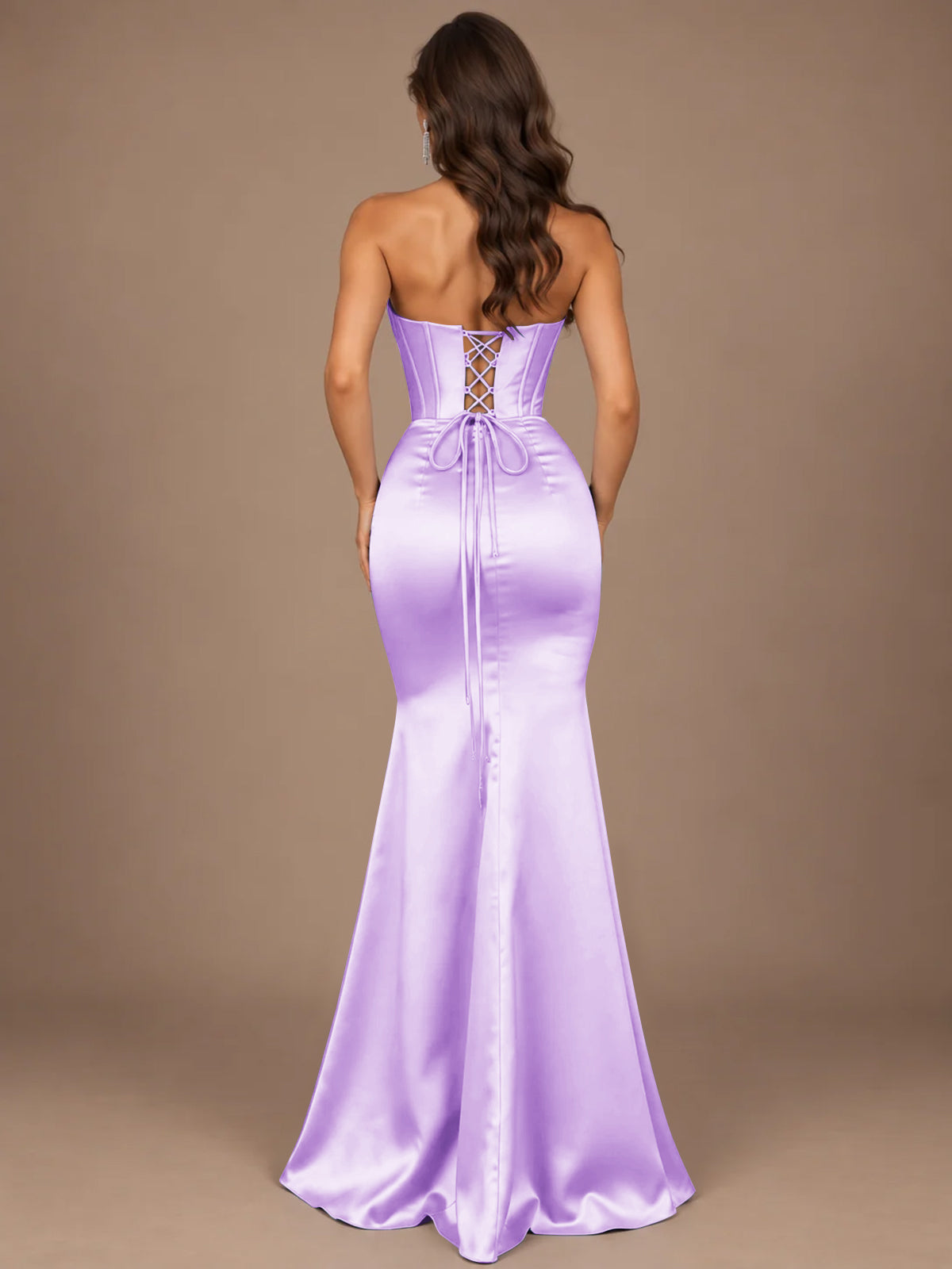 Dusty Blue Strapless Lace Corset Prom Dress with High Slit