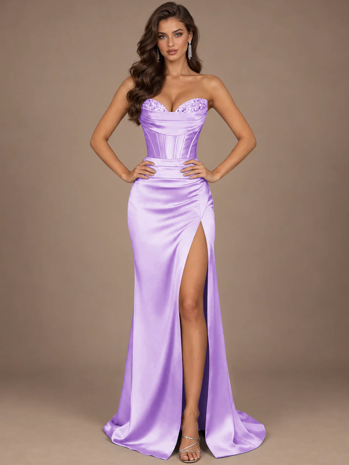 Dusty Blue Strapless Lace Corset Prom Dress with High Slit